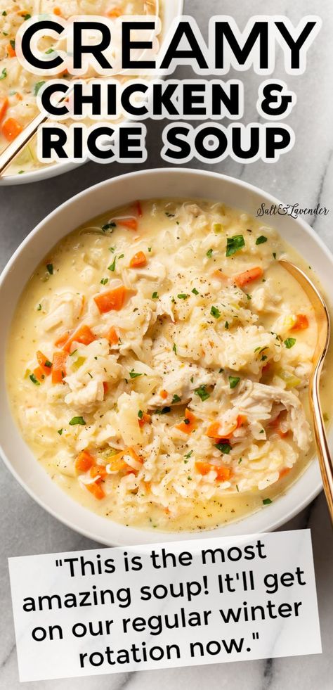 Creamy Chicken And Rice Soup, Creamy Chicken And Rice, Chicken Rice Soup, Homemade Soup Recipe, Crockpot Soup Recipes, Delicious Soup Recipes, Soup Dinner, Chicken And Rice, Rice Soup