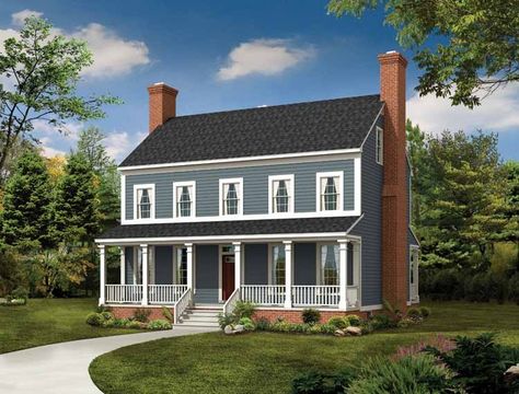 Country House Plan with 2203 Square Feet and 3 Bedrooms from Dream Home Source | House Plan Code DHSW01924 Country Colonial House, Narrow Building, Corner Fireplaces, House Plans Colonial, Country Colonial, Colonial Style House Plans, Narrow Lot House, Covered Porches, Colonial House Plans