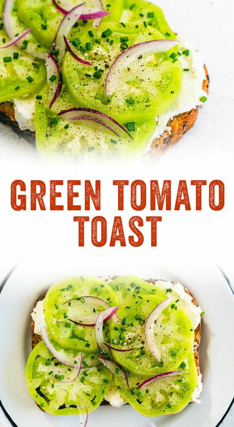 Looking for a green tomato recipe? Try this fancy toast, spread with goat cheese, topped with pan fried green tomatoes, red onion and herbs. #green #tomato #greentomato #mealprep #appetizer Healthy Green Tomato Recipes, Tomato Toast Recipe, Fancy Toast, Tomato Toast, Green Tomato Recipes, Scd Diet, Tomato Recipe, Complex Carbs, Fried Green