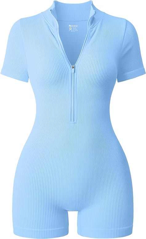 OQQ Women Rompers Ribbed Short Sleeve Zip Front Stretch Tummy Control Yoga Workout Rompers Blue Romper Outfit, Mc Ig, Long Sleeve Workout Top, Body Suit Outfits, Cute Lazy Day Outfits, Ribbed Shorts, Lazy Day Outfits, Blue Romper, Romper Outfit