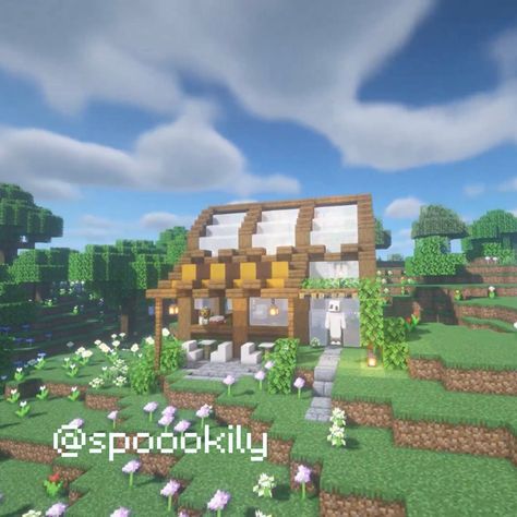 Bee Place Minecraft, Apiary Minecraft, Minecraft Bee House, Bee Sanctuary Minecraft, Minecraft Bee Sanctuary, Minecraft Bee Farm, Cafe Minecraft, Bee Cafe, Minecraft House Decor