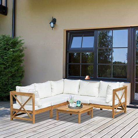 Outsunny 6 PCS Elegant Wood Frame Outdoor Patio Dining Set w/Cushions Coffee Table Garden Furniture Sofa Comfort Balcony Patio Cream White: Amazon.co.uk: Garden & Outdoors Corner Chairs, Indoor Balcony, Wooden Patios, Patio Sofa Set, Corner Sofa Set, Outdoor Sofa Sets, Garden Sofa Set, Strong Core, Luxe Life