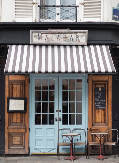 exterior of malabar cafe, paris, france | foodie travel + restaurants #storefronts Blue Doors, French Kitchen Decor, Parisian Cafe, Decor Ikea, French Cafe, Paris Cafe, Modern Restaurant, French Kitchen, Shop Fronts