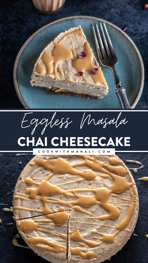 If you love masala chai, then you have to try this Masala Chai Cheesecake. This creamy cheesecake uses real tea to flavor it and it also has warm spices like cardamom, cinnamon, ginger. It's the perfect dessert for the colder weather and for the holidays! Try this Masala Chai Cheesecake recipe yourself! Chai Cheesecake Recipe, Indian Cheesecake, Chai Cheesecake, Pakistani Desserts, Indian Cuisine Recipes, Fusion Recipes, Refined Sugar Free Recipes, Masala Tea, Make Ahead Desserts