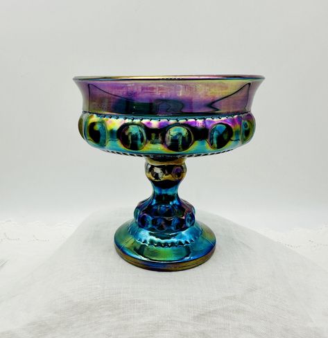 Candle Bowl, Blue Carnival Glass, Candle Dish, Crown Pattern, Glass Pedestal, Iridescent Blue, Glass Candy Dish, Kings Crown, Bowl Candle