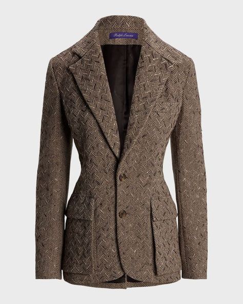 Ralph Lauren Collection "Preston" embellished herringbone tweed jacket    Slim fit; intended to hit at the lower hip    Notch lapels; button front    Twobutton silhouette with genuine horn buttons    Buttoned throat latch    Long sleeves; button cuffs    Shoulder pads    Chest welt pocket; waist flap patch pockets    Wool/nylon/polyamide    Fully lined with silk twill    Made in Italy Jacket Drawing, Herringbone Tweed Jacket, Herringbone Jacket, Designer Ralph Lauren, Herringbone Tweed, People Dress, Ralph Lauren Collection, Silk Twill, Wool Blazer