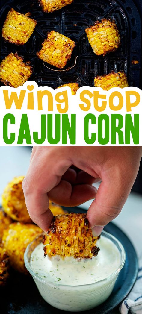 Copycat Wing Stop Corn, Cajun Corn Wingstop, Homemade Cajun Fries, Sides Dishes For Chicken Wings, Wingstop Cajun Fried Corn Recipe, Cajun Corn On The Cob Wingstop, Copycat Wingstop Cajun Fried Corn, Corn Cob Recipes, Sides With Wings