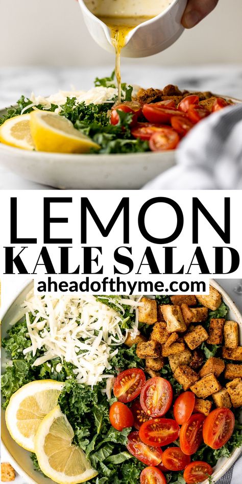 Lemon kale salad is a simple, flavorful, and healthy meal that’s thrown together in just minutes! The star of the show is kale, but cherry tomatoes, cheese, and croutons add more great taste and textures to this delicious salad. And the lemon vinaigrette dressing? Well that is ridiculously easy to make as well, with just a few ingredients that you likely already have in your pantry. #Salad #SaladRecipes #LemonKale Pantry Salad, Mediterranean Diet Salad, Summer Salads Healthy, Thanksgiving Salads, Bocconcini Salad, Lemon Kale Salad, Salad Thanksgiving, Lemon Kale, Salad Winter