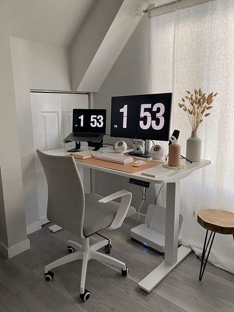 Desk Setup Clean, Wfh Monitor Setup, White Desk Setup Work Spaces, Ergonomic Desk Setup At Home, Work From Home Desk Setup Living Room, Work From Home Set Up Dual Monitor, Clean Desk Setup Aesthetic, Classy Desk Setup, Elegant Desk Setup