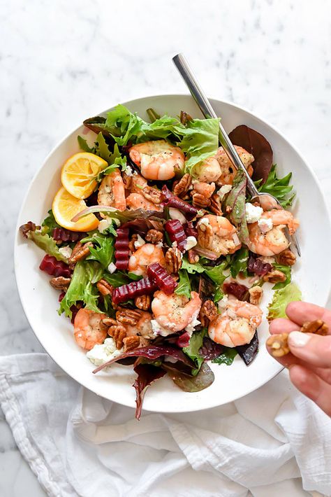 Green Salad with Shrimp, Beets, Pecans and Goat Cheese | foodiecrush.com Beets And Goat Cheese, Salad With Shrimp, Thrive Recipes, Beet And Goat Cheese, Glazed Pecans, Best Salad Recipes, Goat Cheese Salad, Roasted Beets, Beet Salad