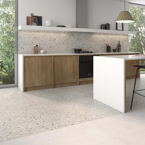 Grey Terrazzo Floor Kitchen, Terrazo Tiles Hexagon, Tiles In The Kitchen, Terrazo Tiles Kitchen, Kitchen Flooring Terrazzo, Terazzo Floor Kitchen Ideas, Terazzo Kitchen Tiles, Terrazzo Kitchen Tiles, Terazzo Kitchen Splashback