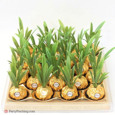 Ferrero Rocher pineapples, cute pineapple candy, pineapple party favor, Hawaiian beach pineapple luau theme party ideas, DIY pineapple candy favor 21st Birthday Decorations Diy, Havana Theme Party, Candy Pineapple, Pineapple Party Favors, Pineapple Candy, Havana Nights Party Theme, Havana Nights Party, Theme Party Ideas, Diy Pineapple