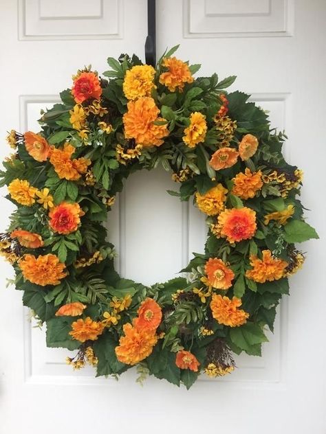 Marigold Wreath, Deep Purple Hydrangea, Pansy Wreath, Yellow Hydrangea, Tropical Wreath, Orange Poppies, Straw Wreath, Diwali Decorations At Home, Colorful Wedding Flowers