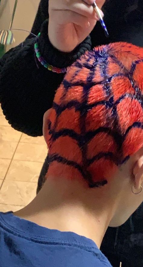 #spidermanhair #buzzcutideas #spidermannwh #hair #buzzcut #Spiderman #spiderweb #redhair Spider Buzzcut, Spiderman Haircut, Buzzcut Pattern Dye, Red Buzzcut, Buzz Bleached Hair Designs, Undercut Art, Spiderweb Buzzcut, Mens Buzzed Dyed Hair, Men’s Dyed Buzzcut