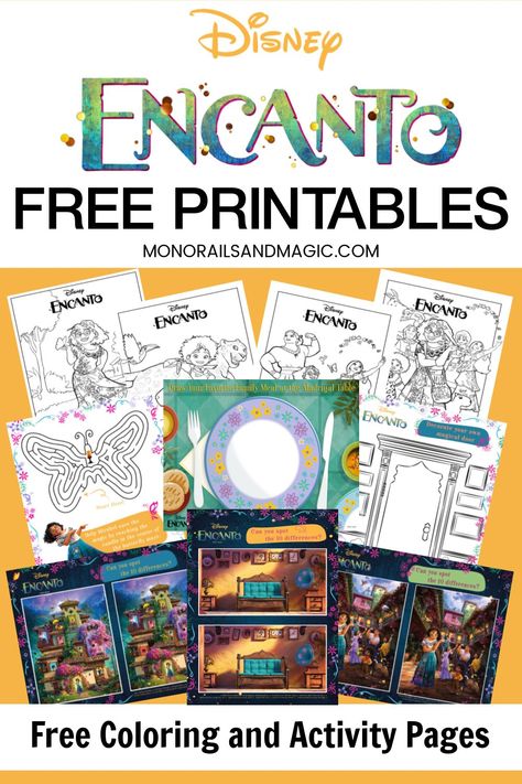 Keep your Disney movie fan busy with these free printable coloring and activity pages for Disney's Encanto movie. Disney Bingo Printable Free, Disney Activity Pages, Encanto Activity Sheets, Up Movie Activities, Encanto Arts And Crafts, Encanto Birthday Activities, Encanto Printables Free, Encanto Preschool Activities, Free Encanto Party Printables