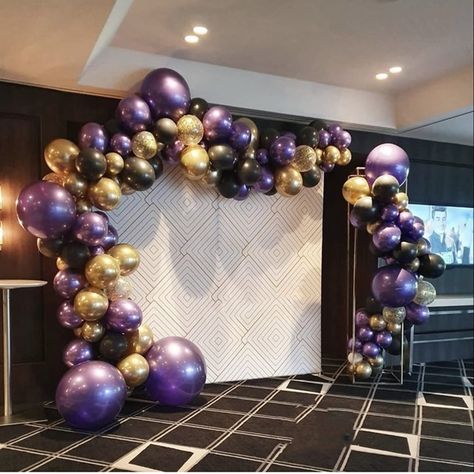 Purple Gold Decorations Party Ideas, Purple Black And Gold Balloon Arch, Purple Gold Black Decorations, Purple And Black Balloons, Purple And Gold Balloon Arch, Black Gold Purple Party Decor, Purple And Gold Balloons, Purple Party Decor, Purple Decorations Party