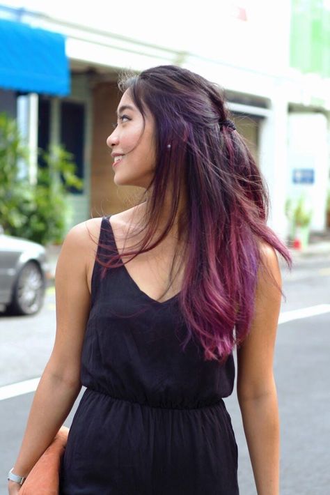 Hair Colour Purple Highlights, Hair Colour Burgundy Highlights, Asian Hair Dye Ideas Colour, Brown Underlights, Hair Colour For Black Hair, Girls Hair Color Ideas, Hair Colour Ideas For Black Hair, Purple Highlights Black Hair, Long Hair Colour