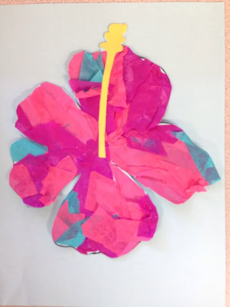 Hawaiian hibiscus tissue paper collage Hawaii Preschool Crafts, Luau Toddler Crafts, Anna Hibiscus Activities, Hawaiian Luau Crafts For Kids, Hibiscus Craft Preschool, Hawaii Theme Preschool Activities, Luau Activities For Toddlers, Aloha Crafts Preschool, Hawaii Crafts For Toddlers