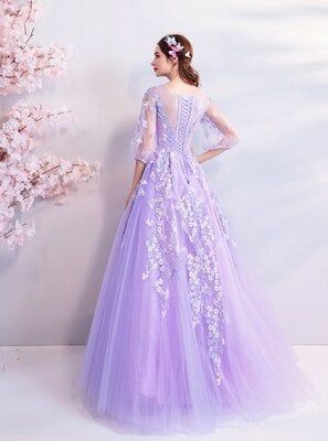 Pastel Purple Prom Dress, Lilac Prom Dresses, Dress With Sheer Sleeves, Dama Dresses, Pink Evening Dress, Purple Prom Dress, Dress Mermaid, Wedding Dress Fabrics, Dress Sleeve Styles