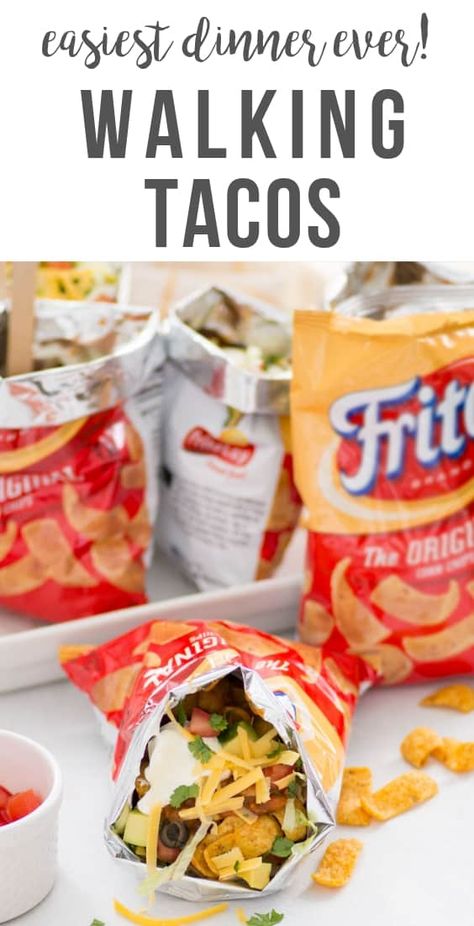 This Frito Bandito recipe (aka Walking tacos with Fritos) is the best meal on the go! Perfect for camping. Simply put chili in a bag of Fritos and top with cheese, sour cream, and taco toppings. Eat straight from the bag with very little cleanup! via happymoneysaver #walkingtaco #fritos #fritobandito #campingmeal #campingsnack #familyfriendly Frito Bandito Recipe, Walking Tacos Recipe, Walking Taco, State Fair Food, Walking Tacos, Bowl Party Food, Carnival Food, Fair Food, Taco Recipe