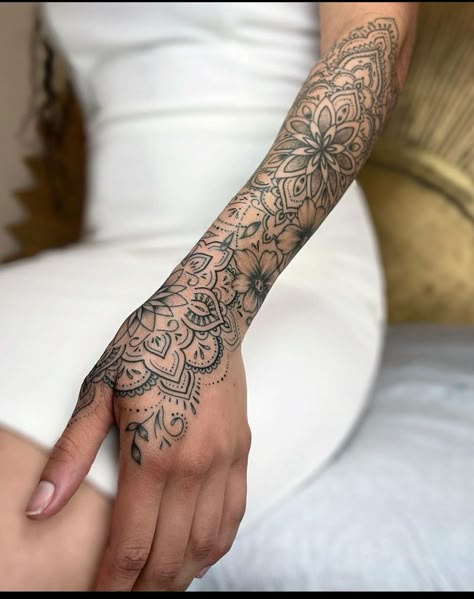 Mandala Tattoo Sleeve Women, Lace Sleeve Tattoos, Mandala Arm Tattoos, Mandala Hand Tattoos, Mandala Tattoo Sleeve, Cuff Tattoo, Floral Thigh Tattoos, Henna Inspired Tattoos, Hand And Finger Tattoos