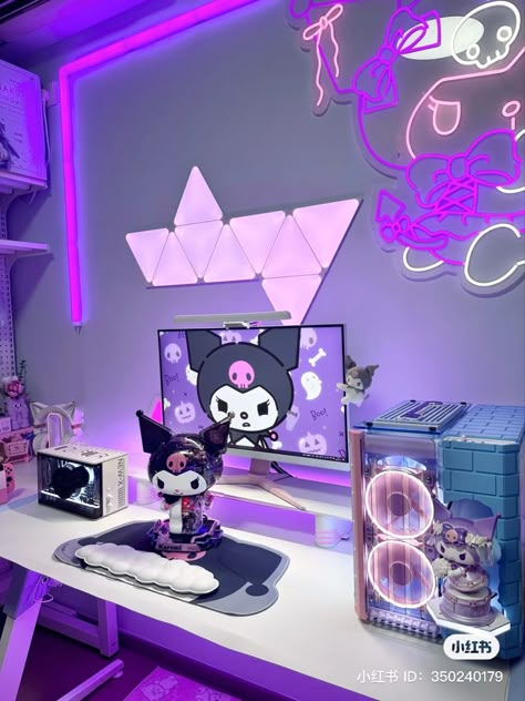 Kuromi Inspired Room, Kuromi Bedroom Aesthetic, Kuromi Bedroom Ideas, Kuromi Pc Setup, Kuromi Room Aesthetic, Kuromi Gaming Setup, Kuromi Room Ideas, Kuromi Aesthetic Room, Goth Gamer Room