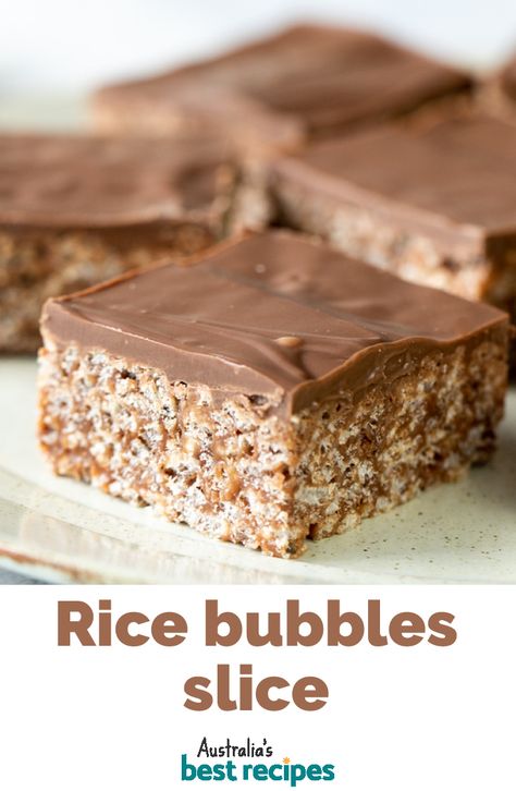 This easy rice bubble slice can be whipped up in no time and it sets in the fridge in under an hour. The kids will love it! #slice #dessert Rice Bubble Biscuits, Chocolate Rice Bubble Slice, Rice Bubbles Recipes, Rice Cookies Recipes, Quick And Easy Slice Recipes, Condensed Milk Slice Recipes, Easy Slices No Bake, Gluten Free Slice, Easy Slice Recipes