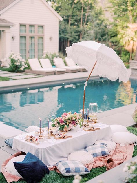 Kara's Party Ideas Poolside Picnic Party | Kara's Party Ideas Picnic Party Table, Poolside Picnic, Elegant Picnic, Farmhouse Wedding Venue, Gold Candlesticks, Cheese Fruit Platters, Cookies Personalized, Fruit Platters, Picnic Dinner