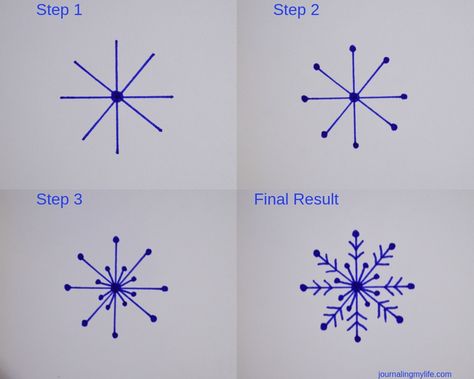 How To Doodle Simple Snowflakes • Journaling My Life Bujo Snowflake Theme, Snowflake Doodles Simple, Simple Snowflake Drawing, How To Draw Snowflakes, Draw Snowflake, Snowflake Doodle, Doodle Simple, How To Doodle, Snowflakes Drawing