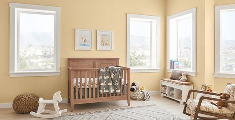 Pale honey by Behr Nursery Ideas Yellow Walls, Yellow Wall Nursery, Soft Yellow Nursery, Pale Yellow Nursery, Yellow Nursery Ideas, Yellow Nursery Walls, Yellow Baby Room, Nursery Paint, Nursery Yellow