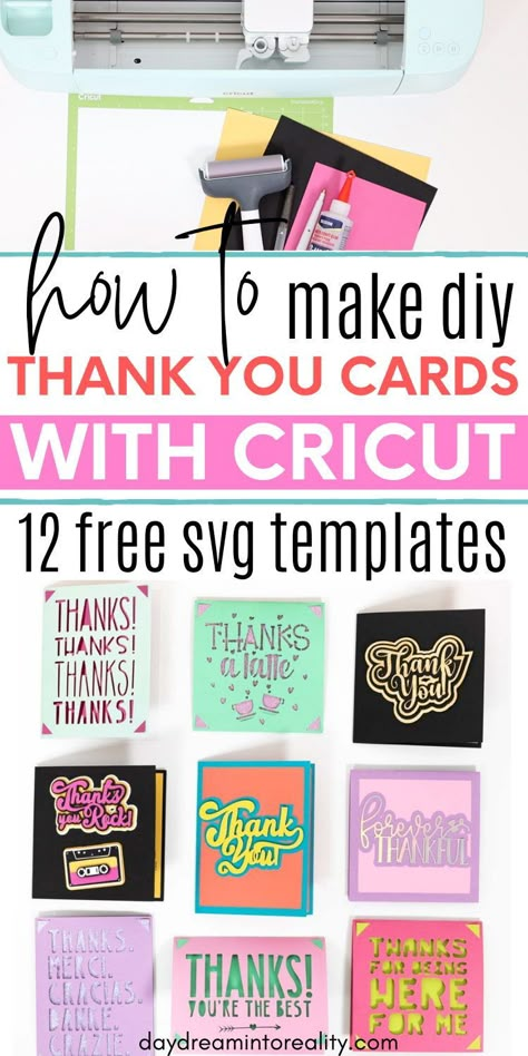 In today's tutorial, you will learn to make wonderful thank you cards with your Cricut Maker or Explore machine. I will also be providing you with 12 free thank you card templates so Silhouette Thank You Cards, Thank You Card Svg Free, Thank You Card Design Cricut, Free Svg Thank You Cards For Cricut, Cricut Card Svg Free, Free Cricut Thank You Card Templates, Diy Thank You Cards Cricut, Cricut Thank You Cards Ideas, Cricut Maker Cards Ideas