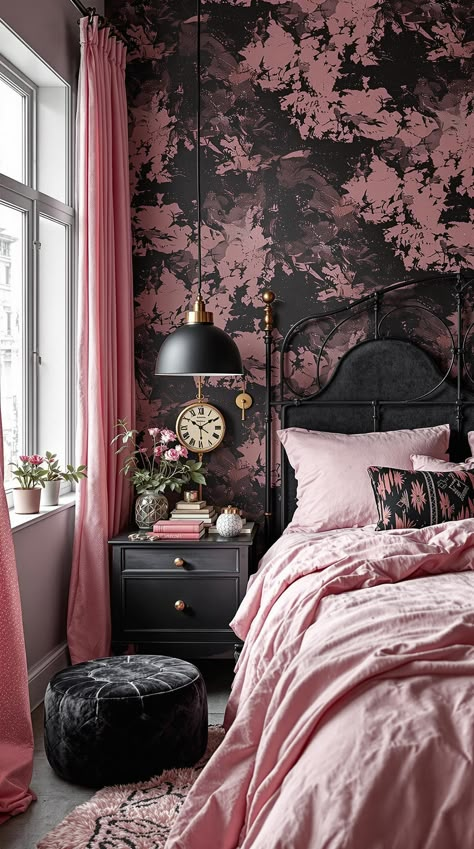 Pink and Black Bedrooms Pink And Black Master Bedrooms Decor, Pink And Black Walls Bedroom, Light Pink And Black Room Ideas, Black Gold And Pink Bedroom, Pink And Black Bed, Black White Pink Bedroom, Black And Pink Bedroom Decor, Goth Boho Bedroom, Dark Pink Bedroom Ideas