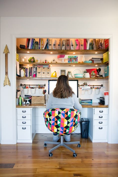 shelves inside closet Workroom Ideas Small Spaces, Closet School Room, Shelves Around Desk, Homeschool Closet Desk, Ikea Desk In Closet, Craft Closet Desk, Closet Art Space, Dining Multipurpose Room, Office Closet Combo Ideas