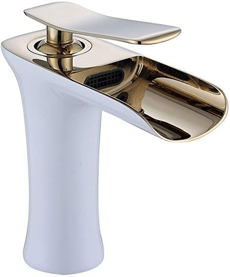 Full Copper Basin Faucet, Waterfall Spout Sink Faucet, Single Handle, Lead-Free Brass Faucet, 2 Sizes, Paint White Kitchen Mixer Tap (Size : Short) Copper Faucet, Bathroom Faucets Waterfall, Paint White, Faucet Design, Copper Handles, Waterfall Faucet, Single Handle Bathroom Faucet, Clean Sink, Gold Kitchen