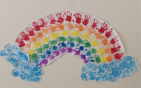 Rainbow handprints Rainbow Hands Art, Hand Print Rainbow, Rainbow Handprint Art, Handprint Activities, Handprint Rainbow, Rainbow Handprint, Rain Craft, Rain Crafts, Baby Art Crafts