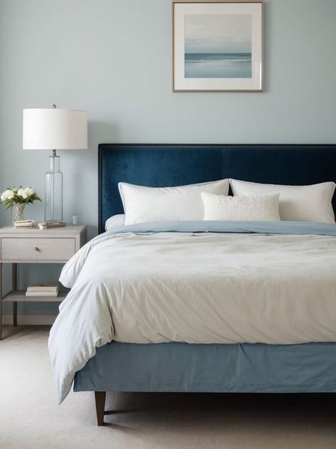 Create a serene atmosphere by painting one wall in a calming light blue shade. Complete the look with a plush velvet headboard and soft white bedding for a dreamy bedroom oasis. Blue Velvet Headboard Bedroom, Velvet Headboard Bedroom, Light Blue Accent Wall, Blue Velvet Headboard, Blue Accent Wall, Headboard Bedroom, Midcentury Interior, Blue Accent Walls, Bedroom Oasis