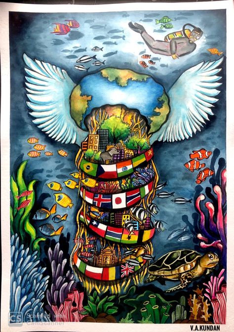 A bright painting of a jellyfish with wings, its tentacles holding a sort of international tower, with buildings and flags of countries all over the world. Corals, fish, and a turtle take up the bottom corners of the piece, while a diver can be seen looking down at the jellyfish from the top of the piece. Music Competition Poster, Communal Harmony Posters, Poster Making Ideas Creative, Poster Drawing Ideas Student, G20 Poster, People In Ocean, World Peace Art, Unity Drawing, Peace Artwork