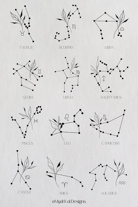 Artist @MyahVal Designs​​​​​​​​​  #digitalart  #artwork #tattooart #floralart #tattoos #floraltattoo #tattooideas #minimalist #tattoodesign #birthflower #birthflowers Birthflower Zodiac Tattoo, Jupiter Tattoo, Small Symbol Tattoos, Tattoo Sheets, Hand Tatto, Constellation Tattoo, Tattoo Board, Aries Tattoo, Zodiac Tattoos