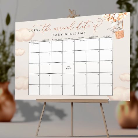 Guess The Due Date Calendar Elephant Foam Board Guess The Due Date Calendar, Guess The Date, Guess The Due Date, Due Date Calendar, Virtual Baby Shower Invitation, Elephant Poster, Calendar Poster, Baby Event, Green Bear