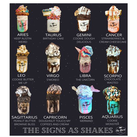 The Signs as Shakes Milkshake Flavor Ideas, Milkshake Flavors List, Milkshake Food Truck, Grime Shake, Ice Cream Shake Recipes, Ice Cream Shakes Milkshakes, Unique Milkshakes, Gourmet Shakes, Milkshake Business