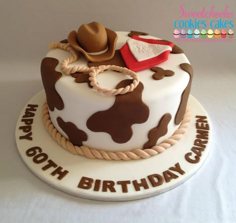 Cowboy cake Country Theme Cupcakes, Cowboy Bday Cake, Country Theme Birthday Cake, Western Theme Cake Ideas, Cowboy Theme Birthday Cake, Cowboy Cakes For Men, Country Themed Cake, First Rodeo Birthday Cake Boy, Brown Cow Print Cake