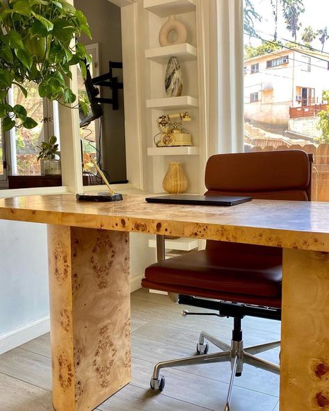 CB2 on Instagram: “in the office 💻 which desk would you choose? via @devvallen, @purvipadiainteriors, @alisonotz, @jamiesolomoninteriors” Funky Desks, Marble Desk, Steel Desk, Small Space Office, Burl Wood, Wood Desk, Small Office, Wood Sizes, Studio Space