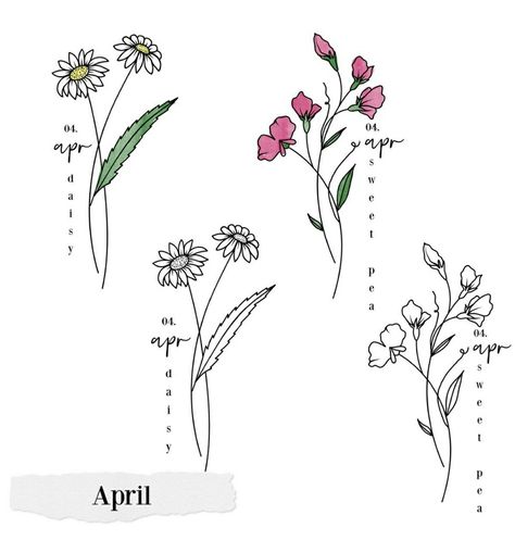 Birth Flower April Tattoo, Daisy And Sweet Pea Bouquet Tattoo, Hanging Flower Tattoo, Sweet Pea Bouquet Tattoo, April Birthstone Tattoo, April Birth Tattoo Ideas, Birth Flower Tattoos April, April Flowers Tattoo, Sweatpea Tattoos