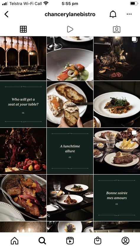 Fine Dining Social Media Design, Fine Dining Instagram Feed, Restaurant Feed Ideas, Food Photography Mood Board, Steakhouse Instagram Feed, Instagram Grid Restaurant, Luxury Restaurant Instagram Feed, Restaurant Feed Design, Aesthetic Food Instagram Feed