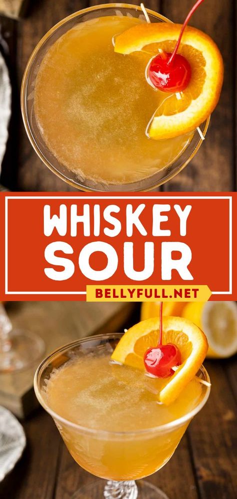 You can't go wrong with this classic whiskey sour! Whether made with or without egg white, it's a delicious summer drink. Give this easy cocktail recipe a try — 5 ingredients are all you need! Whiskey Sour Mix, Easy Cocktail Recipe, Whiskey Sour Recipe, Yummy Summer Drinks, Healthy And Unhealthy Food, Favorite Recipes Chicken, Easy Cocktail, Recipes With Few Ingredients, Whiskey Sour