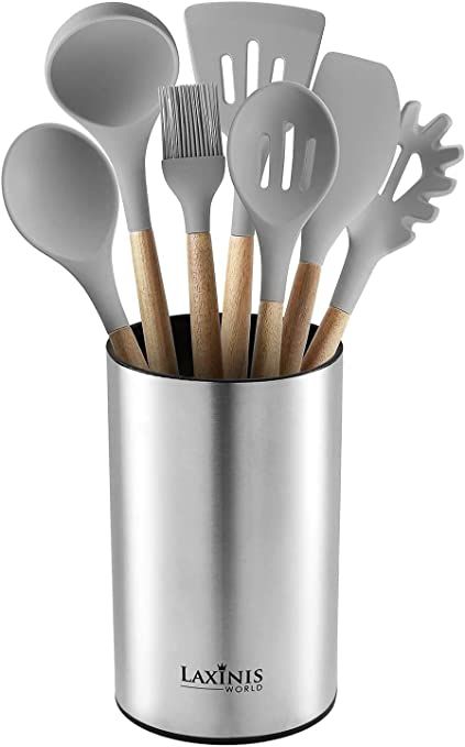 Amazon.com: Stainless Steel Kitchen Utensil Holder, Kitchen Caddy, Utensil Organizer, Round Shape Utensils Crock, 7" by 4.3" (utensils not included): Home & Kitchen Cooking Utensil Holder, Kitchen Caddy, First Apartment Essentials, Utensil Organizer, Stainless Steel Kitchen Utensils, Stainless Kitchen, Amazon Items, Stainless Steel Utensils, Kitchen Organization Ideas