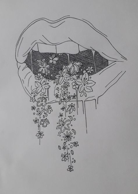 Sketch black pencil lips with flowers Flowers Coming Out Of Mouth Drawing, Lips With Flowers Drawing, Flower In Mouth Drawing, 2lips Flower, Hanging Plant Tattoo, Drawing Ideas Lips, Mouth Tattoo, Pencil Drawing Ideas, Plant Sketches