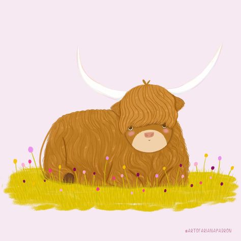 A brown Ox on green grass, surrounded by pink, yellow, and purple flowers on  light pink background. Ox Illustration, How To Simplify, Illustration Cute, 12 Zodiac, Fun Time, In The End, Children Illustration, Cute Illustration, Ox