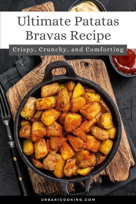 Discover the ultimate Patatas Bravas recipe, a Spanish classic that brings crispy, crunchy comfort to your table. These perfectly fried potatoes are topped with a spicy, tangy sauce, making them an irresistible snack or appetizer. Whether you're hosting a tapas night or looking for a delicious side dish, this Patatas Bravas recipe is easy to follow and guaranteed to impress. Enjoy the bold flavors and satisfying crunch of this beloved Spanish dish. Papas Bravas Recipe, Veggie Party Food, Crispy Fried Potatoes, Spanish Dish, Tapas Night, Popular Appetizers, Roasted Potato Recipes, Tapas Dishes, Easy Potato Recipes