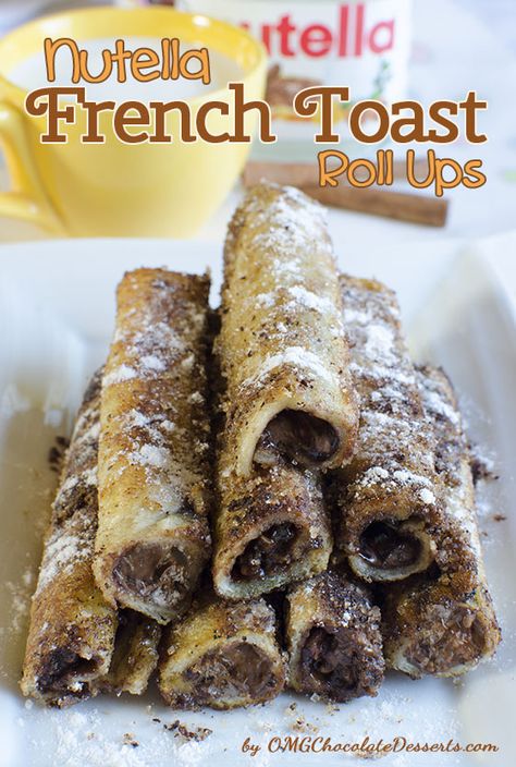 the pan and roll them in the sugar and cinnamon so they are well coated from each site Serve right away Nutella French Toast Roll Ups, Toast Roll Ups, French Toast Roll Ups, French Toast Rolls, Nutella French Toast, Nutella Recipes, God Mat, Roll Ups, Breakfast Casserole